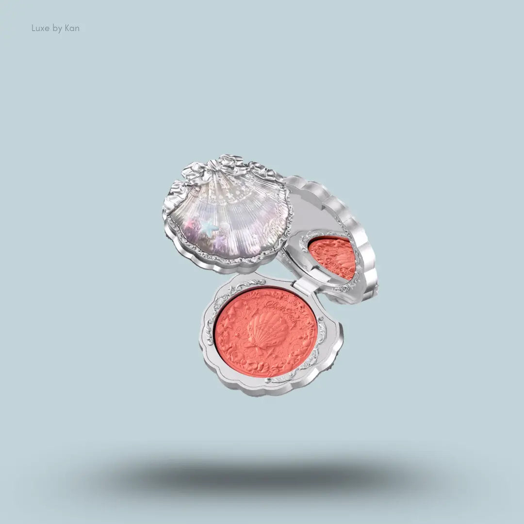 Flower Knows Shell's Jewel Silk Satin Blush in S01 Sunkissed Coral, coral glow in seashell compact