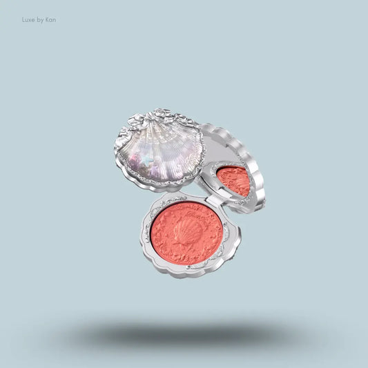 Flower Knows Shell's Jewel Silk Satin Blush in S01 Sunkissed Coral, coral glow in seashell compact
