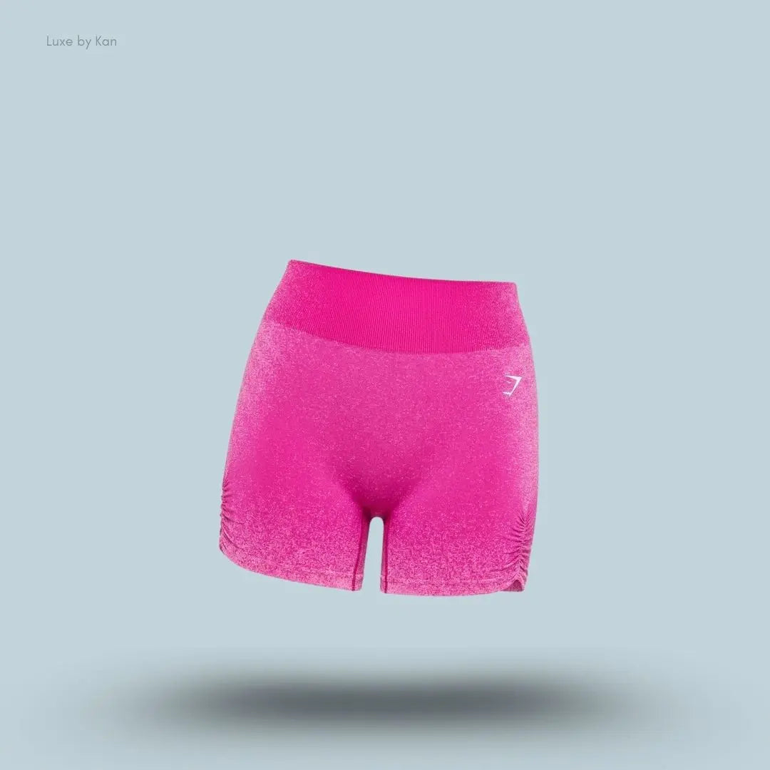 Gymshark Blush Seamless Shorts Super-Set Pink Focus Pink medium-high rise seamless ombre ruched sides women's activewear shorts front view India