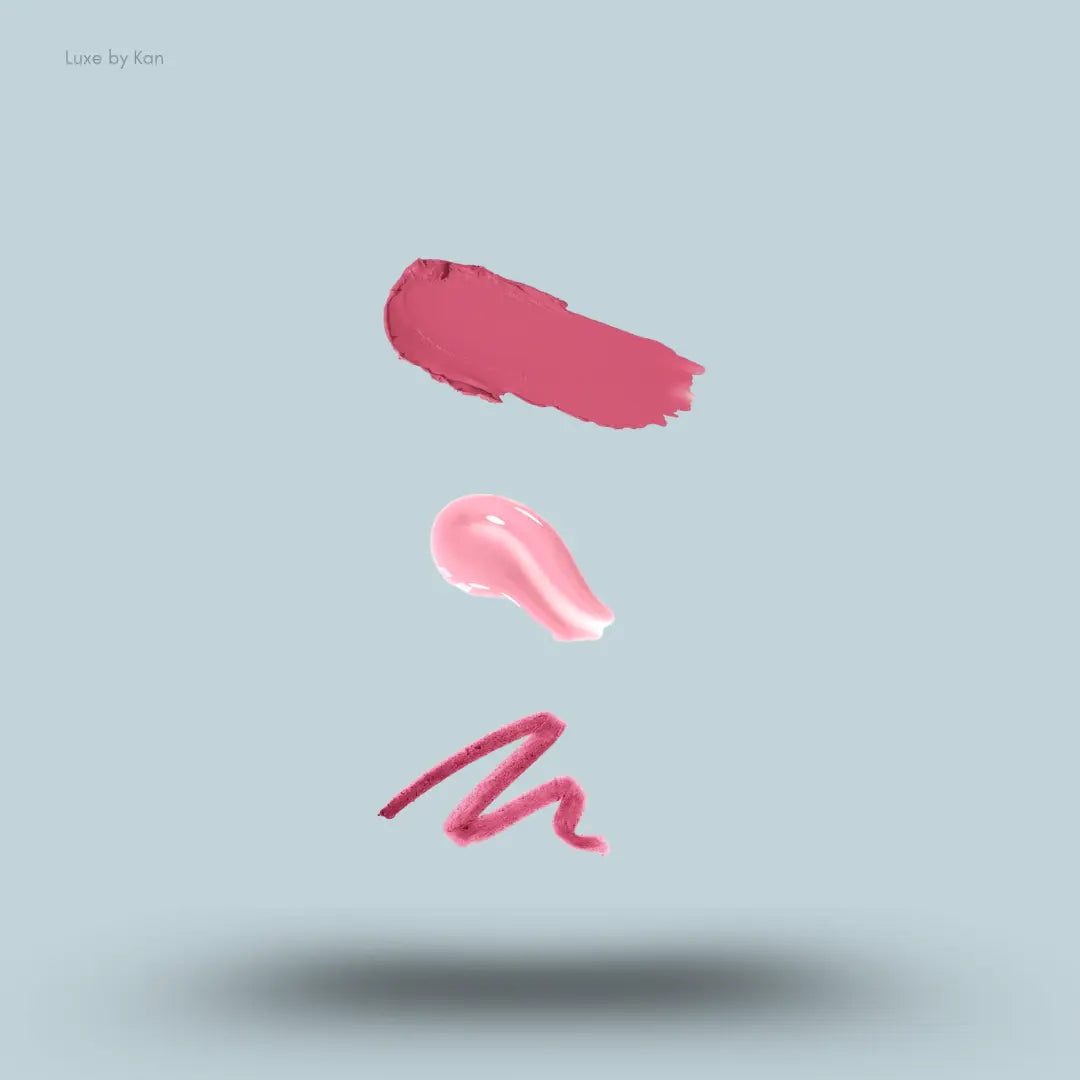 Westman Atelier The Lip Edition Rose, Chou Chou and Je Reve lip swatches on blue background