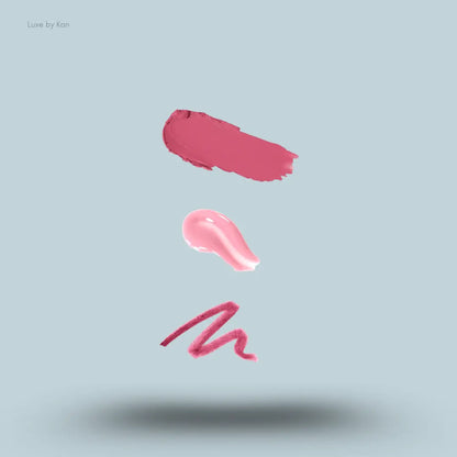 Westman Atelier The Lip Edition Rose, Chou Chou and Je Reve lip swatches on blue background