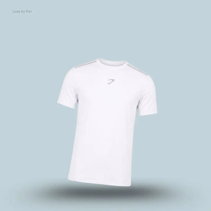 gymshark Sport T-Shirt in white with short sleeves and front logo, men's slim-fit performance training tee on blue background.
