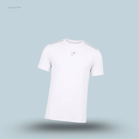 gymshark Sport T-Shirt in white with short sleeves and front logo, men's slim-fit performance training tee on blue background.