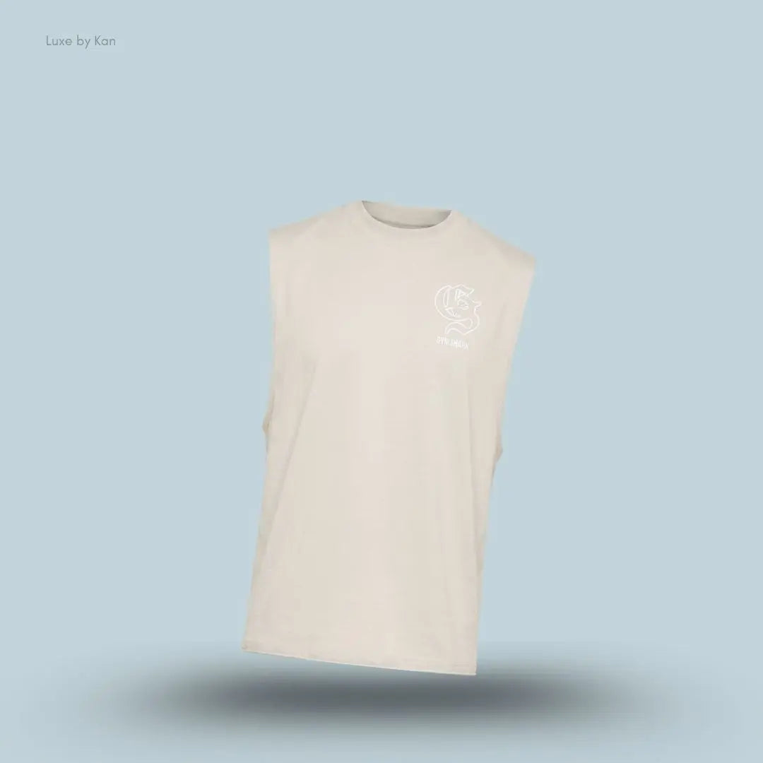 Gymshark Performance Tank sleeveless men's training tank top in light beige on a blue background