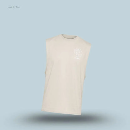 Gymshark Performance Tank sleeveless men's training tank top in light beige on a blue background
