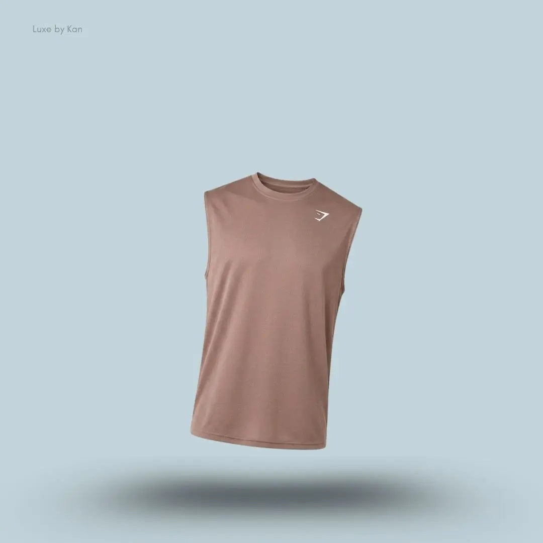 Gymshark Washed Pastels Tank in brown displayed on a blue background with a sleeveless athletic tank design