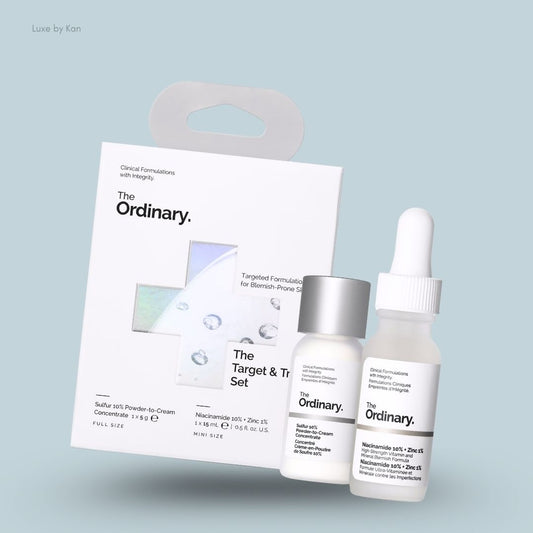 The Ordinary Target & Treat Set with Niacinamide serum and Sulfur spot treatment, flat lay on light blue background