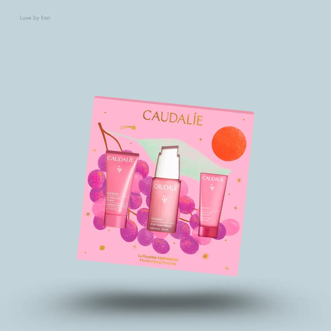 Caudalie Vinohydra Hydrating Routine Set with cleansing gel, serum, moisturizer and packaging