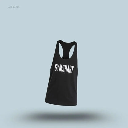 gymshark Accent Tank in black with a racerback design, faded front Gymshark graphic and slim-fit sleeveless training tank displayed on blue background 