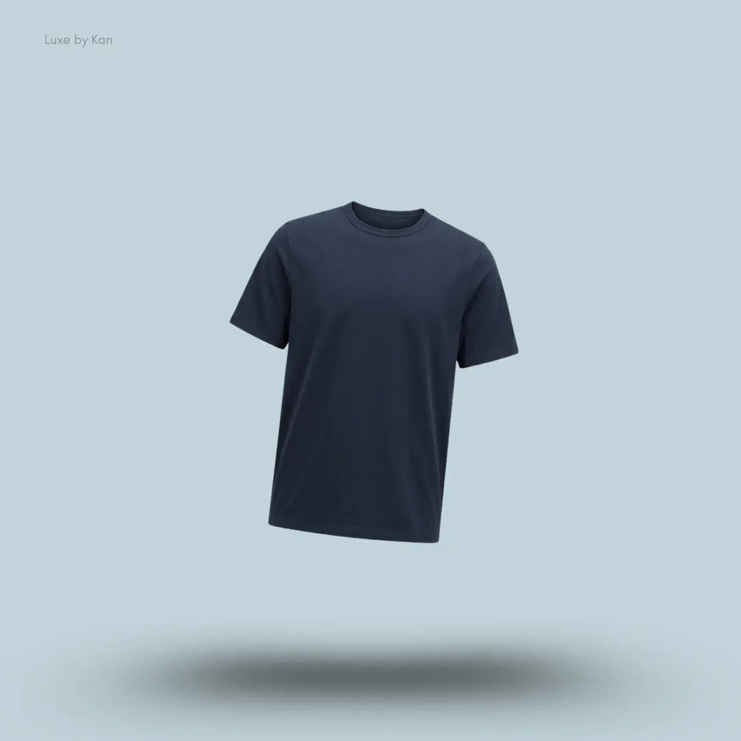 Lululemon Organic Cotton Classic-Fit T-Shirt in True Navy, flat lay on light blue background