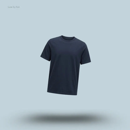 Lululemon Organic Cotton Classic-Fit T-Shirt in True Navy, flat lay on light blue background