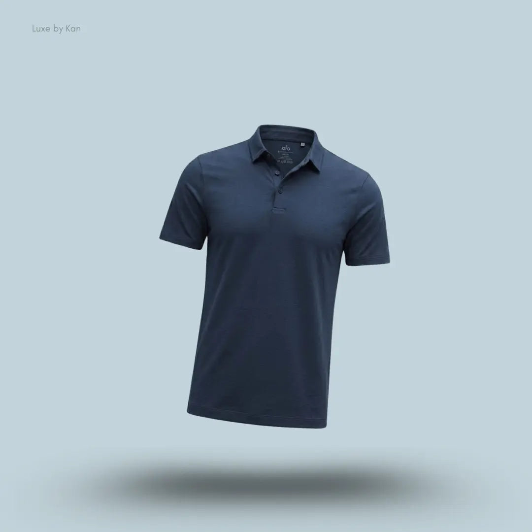 Lululemon Evolution Short-Sleeve Polo Shirt in True Navy, flat lay on light blue background
