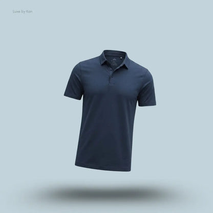 Lululemon Evolution Short-Sleeve Polo Shirt in True Navy, flat lay on light blue background