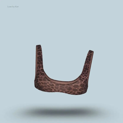 SKIMS Fits Everybody Micro Scoop Bralette in Umber Leopard Print, flat lay on light blue background