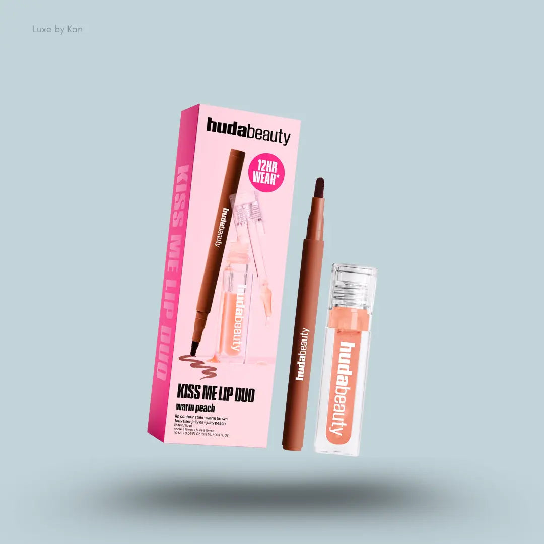 Huda Beauty Kiss Me Lip Duo two lip products with packaging on blue background