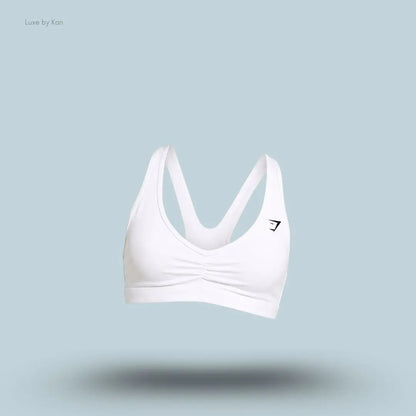 Gymshark Ruched Sports Bra 2.0 White medium support ruched v-neck racerback women's sports bra front view India