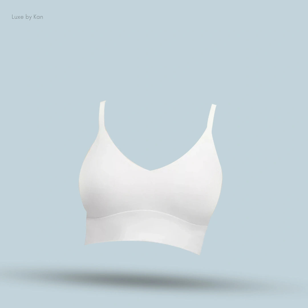 Lululemon Focuser Scoop-Neck Bra in White, front view on light blue background
