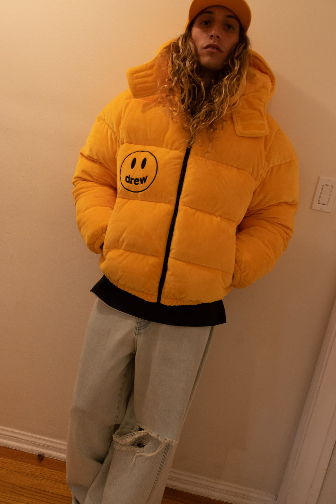 House of Drew plush hooded puffer jacket  golden yellow
