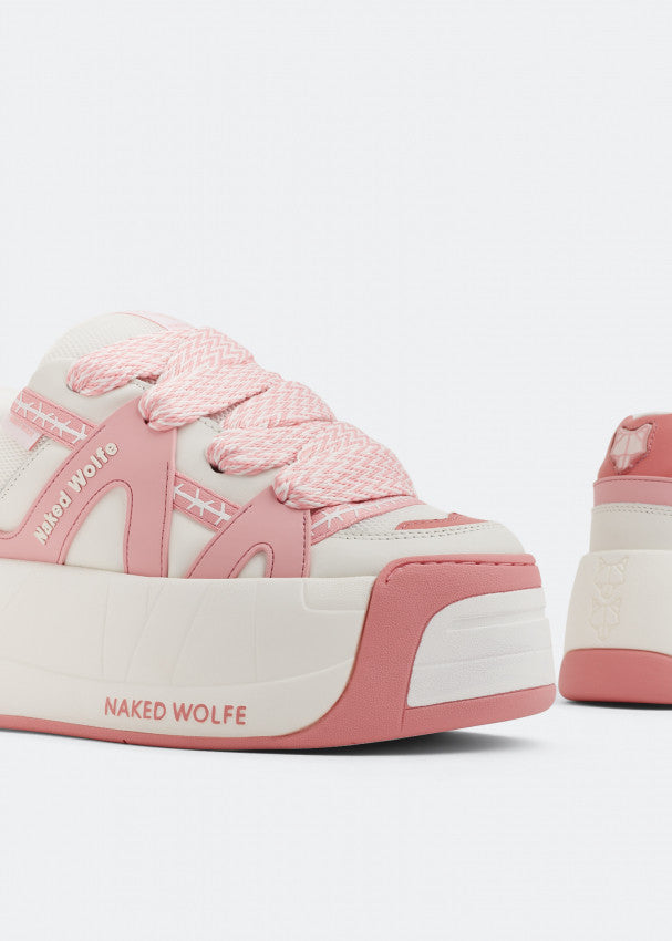 NAKED WOLFE Slider leather, suede and mesh platform trainers - PINK