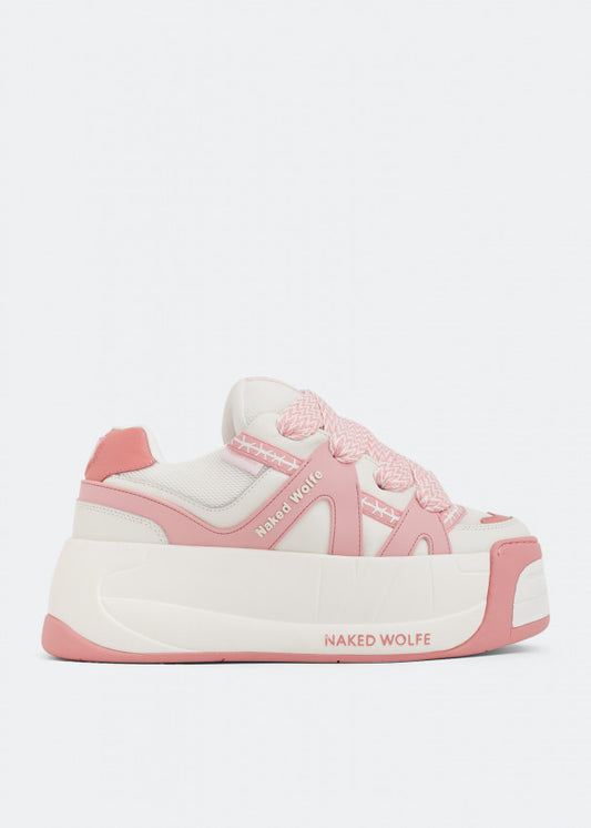 NAKED WOLFE Slider leather, suede and mesh platform trainers - PINK