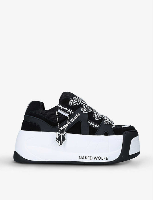 NAKED WOLFE Slider leather, suede and mesh platform trainers - BLACK